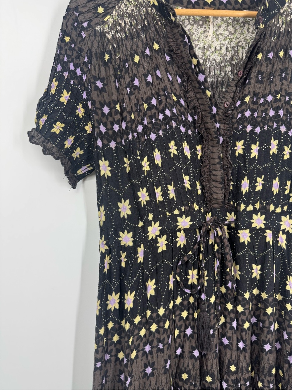 Free People Rare Feelings Black Floral Fringe Tie Ruffled Maxi Dress Boho Size L - Picture 6 of 13